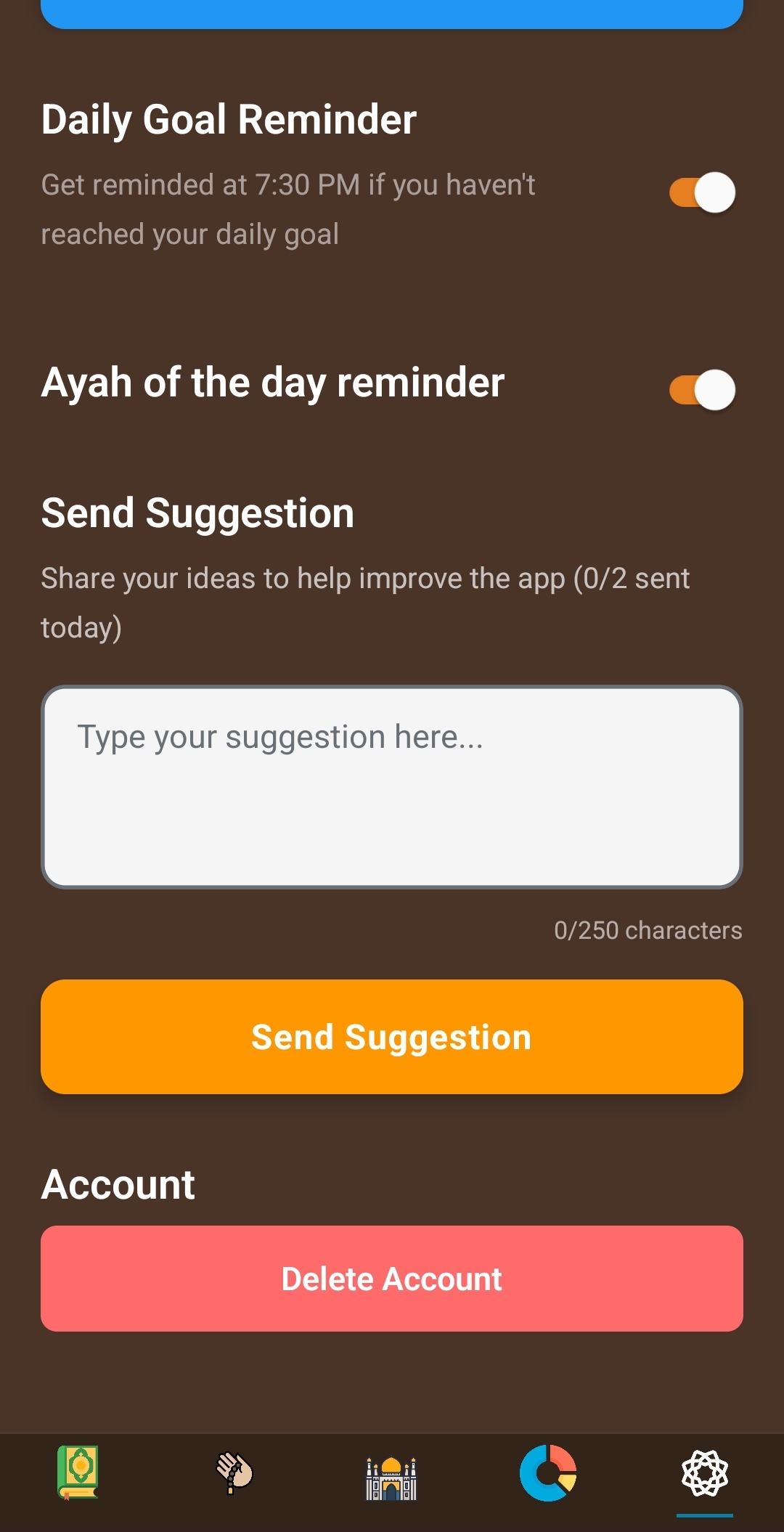 Quran Memorizer Settings screen showing Daily Goal and Ayah reminders, Send Suggestion, the Account section with the red Delete Account button, and the bottom navigation bar.